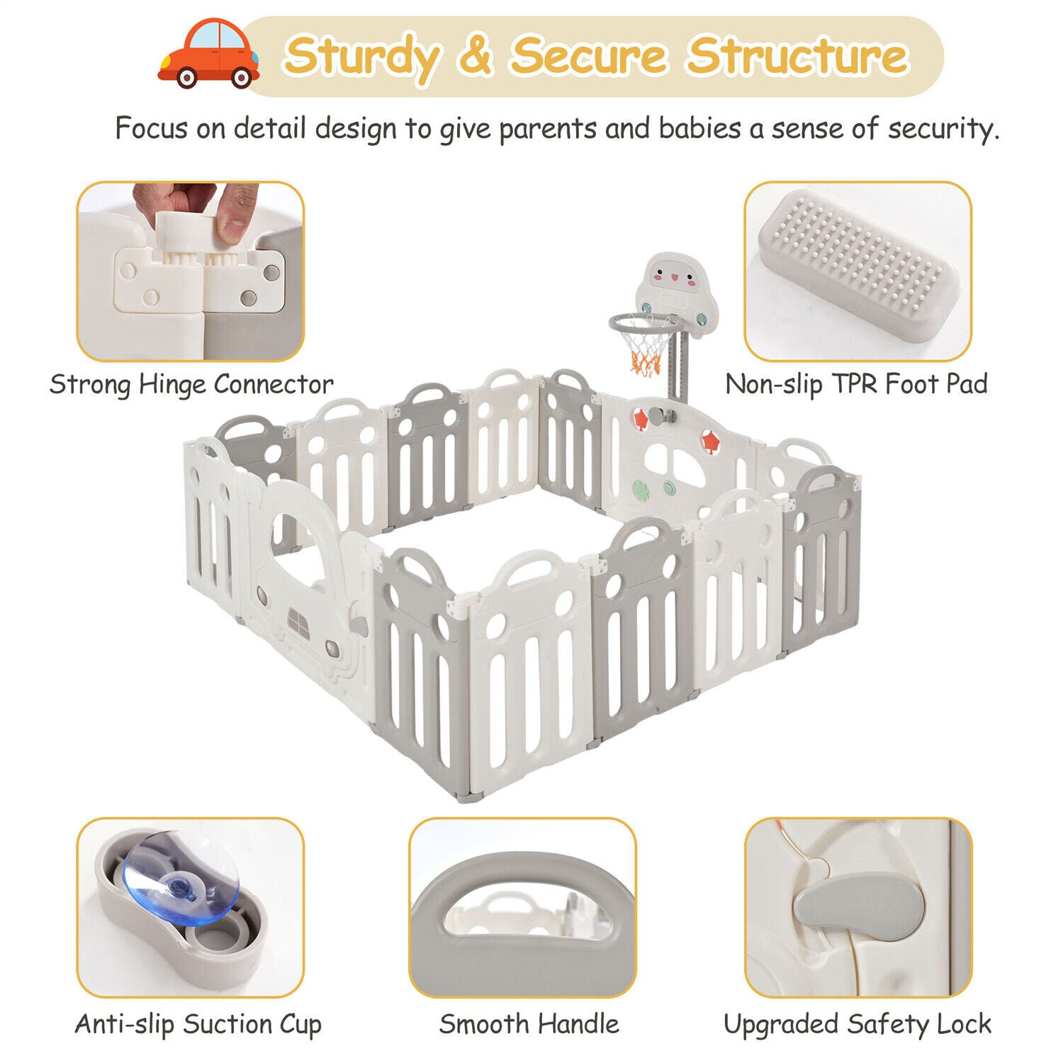 14 Panels Foldable Baby Playpen with Activity Panel & Basketball Hoop Grey HT