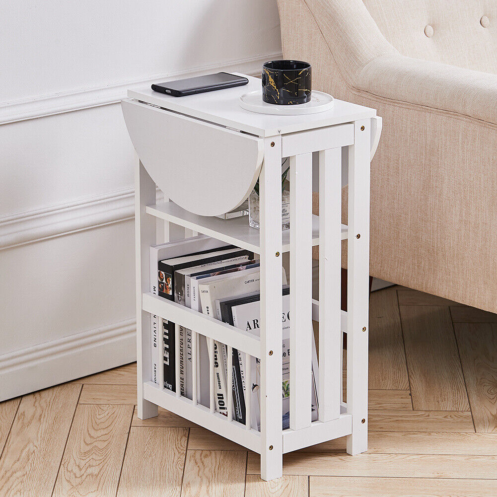 Drop Leaf Table Foldable Magazines Rack Shelf Sofa Side End Storage Stand White