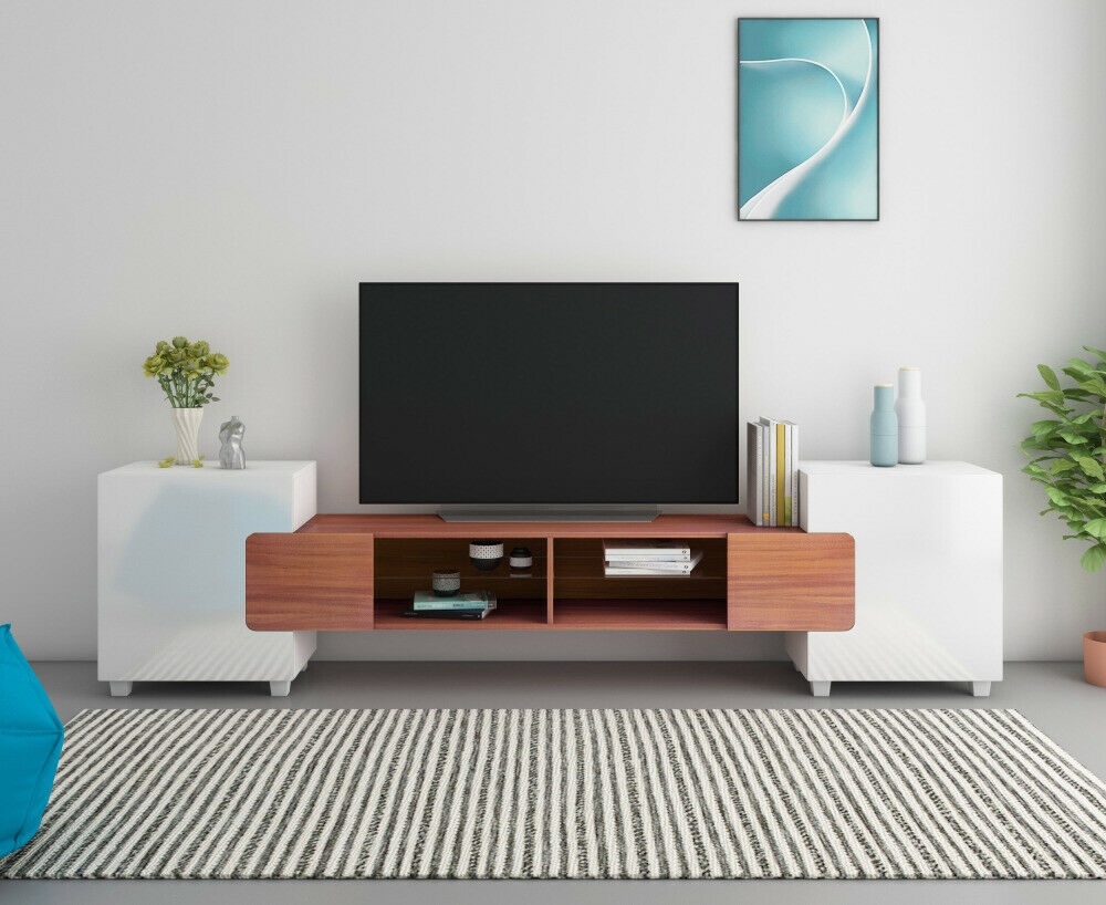 Modern Large 230cm TV Unit Stand Cabinet High Gloss Doors Shelves FREE RGB LED