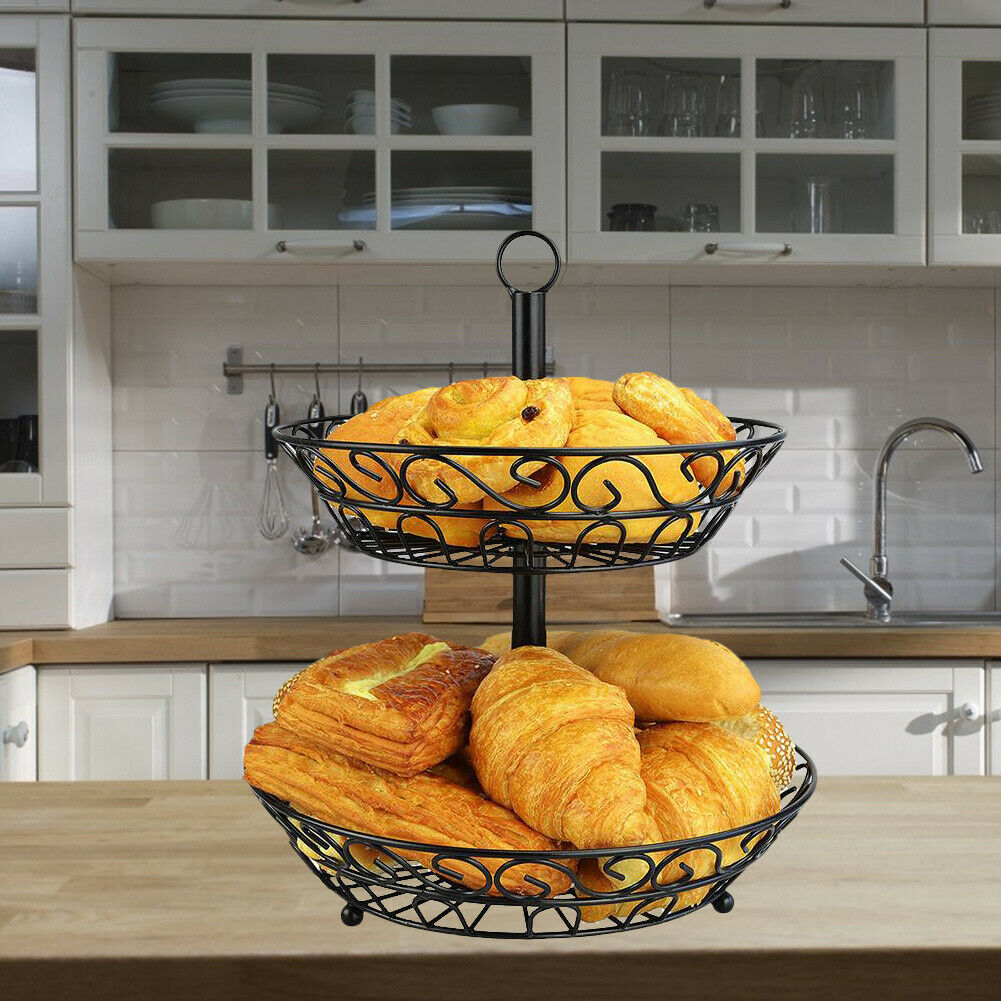 2 Tier Metal Wire Fruit Basket Bread Snake Vegetable Storage Display Holder Bowl