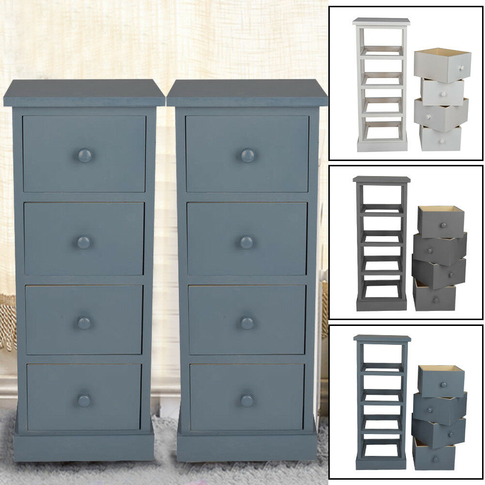 4 Drawer One Pair Slim Tall Bedside Tables White Stone Grey Bedroom Storage Unit