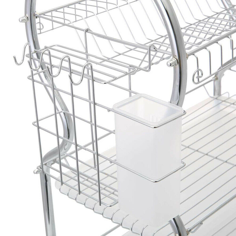 3 Tiers Stainless Steel Kitchen Dish Rack Cup Drying Drainer Tray Cutlery Holder