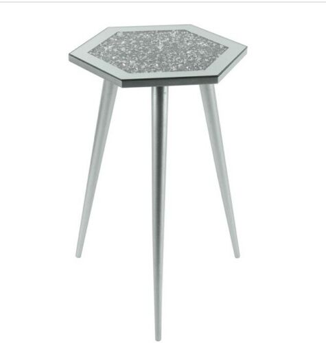 Mirrored Hexagon Glass Side Table Crystal Diamante Top Tripod Silver Legs 50cm