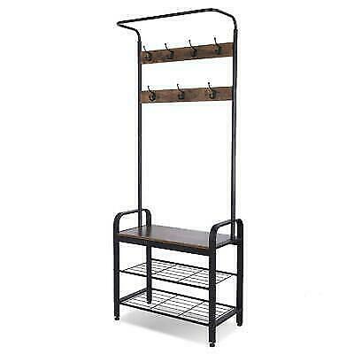 Industrial Coat Rack Stand Shoe Bench 7 Hooks Storage Cabinet Rustic Metal 182cm