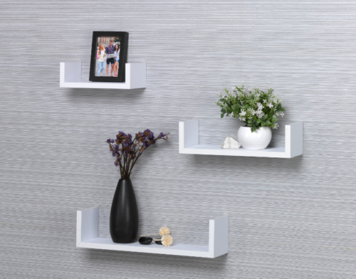 Set of 3 U Shape Floating Wall Shelf Storage Display White Black Oak Grey Blush