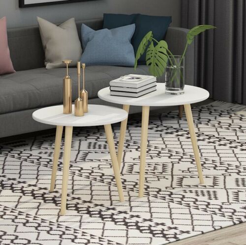 Modern Nest of Tables White Side End Tea PC Tables Set of 2 Coffee Table Round