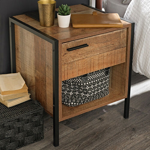 INDUSTRIAL RECLAIMED OAK EFFECT BEDSIDE LAMP SIDE TABLE UK Supplier
