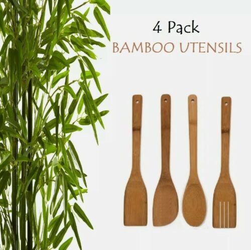 4 x BAMBOO SPOONS Wooden Spatula Spoon Kitchen Cooking Utensils Tools Turner Set
