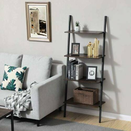4 Shelves Wood Metal Ladder Shelf Bookshelf Display Shelving Leaning Wall Stand