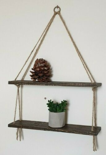 Rustic Vintage Shelves Handmade Wooden Natural Wood Floating Hanging Rope Shelf