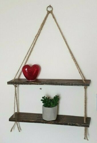 Rustic Vintage Shelves Handmade Wooden Natural Wood Floating Hanging Rope Shelf