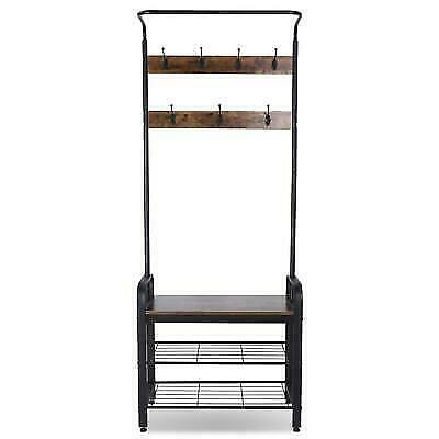 Industrial Coat Rack Stand Shoe Bench 7 Hooks Storage Cabinet Rustic Metal 182cm