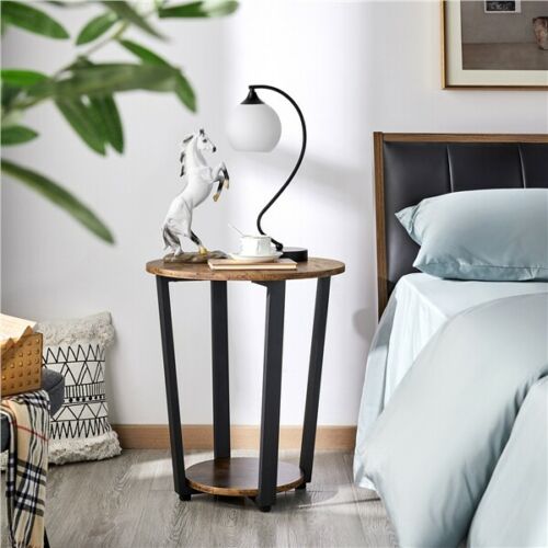 Industrial Bedside Table Round Sofa Side End Table/Nightstand Wood Metal Frame