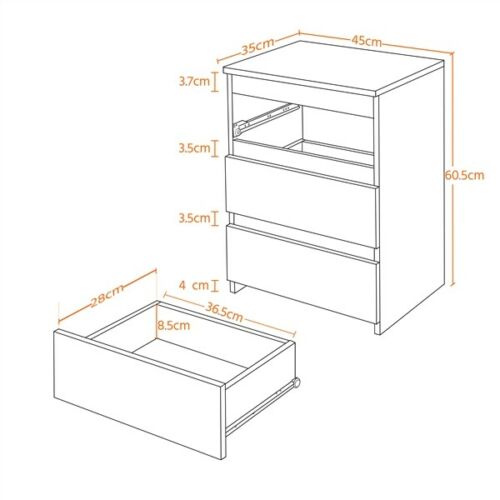 White Bedside Table with 3 Drawers Large Storage Nightstand Table 45x35x60.5cm