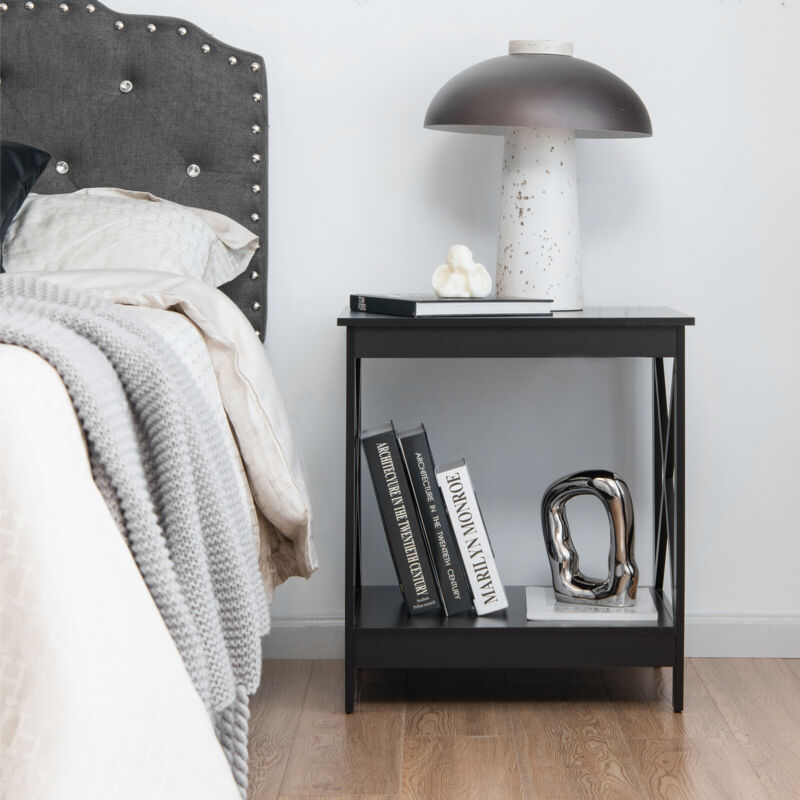 2-tier Side Table Modern End Table Floor Coffee Table X-shape Design Nightstand