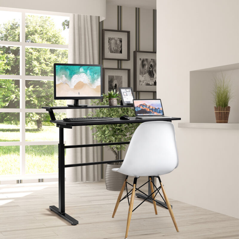 Two-Tier Sit to Standing Desk Height Adjustable Laptop Table w/Crank Handle Home