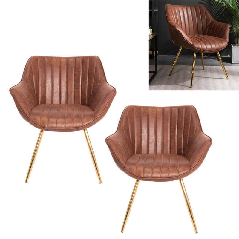 2PCS/SET Distressed Tan Leather Dining Chairs Shell Back Accent Sofa Arm Chairs