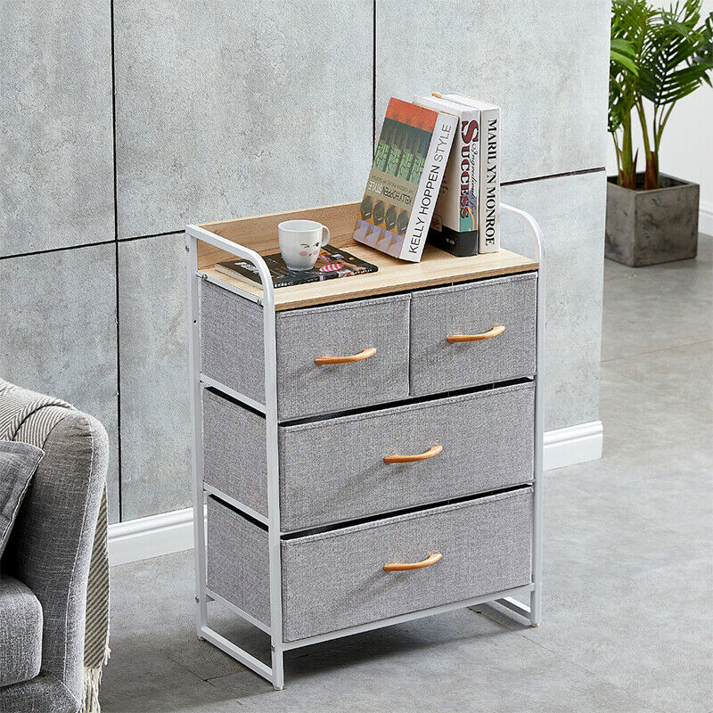 Fabric Bedside Cabinet Table Metal Frame Storage Unit Organiser Chest of Drawers