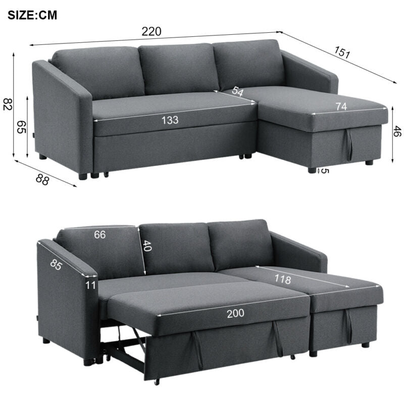 3 Seater Corner Sofa Bed with Storage Left/Right L-Shaped Corners Sleeper Couch
