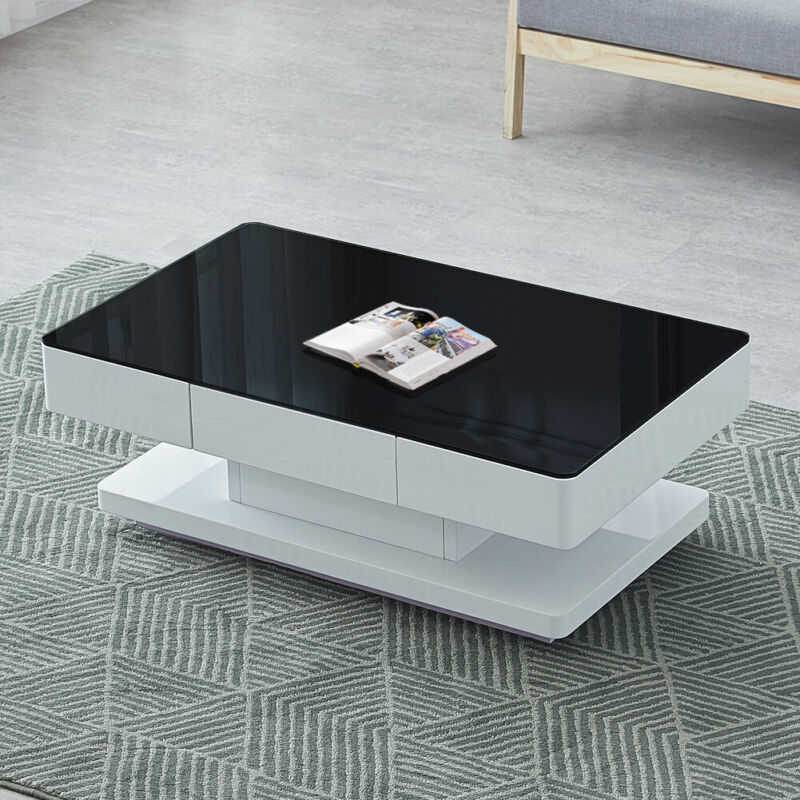 Black Glass Coffee Table White High Gloss Table with Storage Drawers Home Office