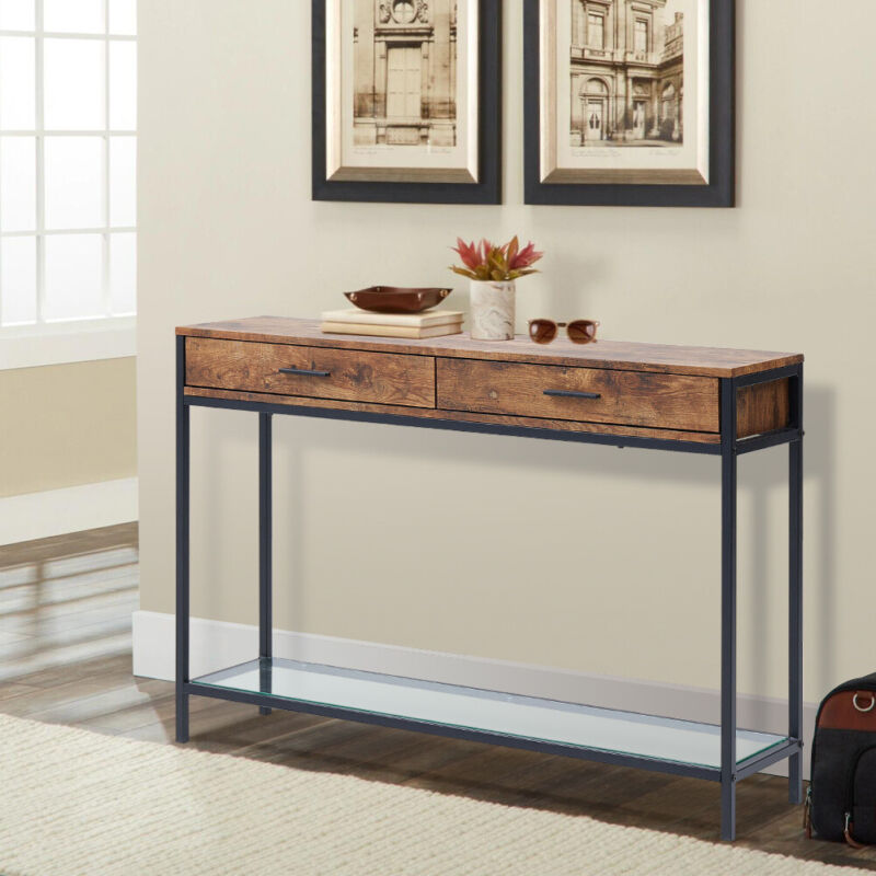 2 Drawers Console Table Black Metal Frame & Wooden Drawers and Shelf F