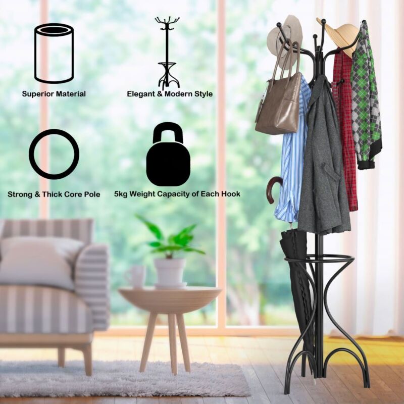 Modern Coat Stand Hanger 12 Hooks Metal Clothes Rack with Umbrella Holder
