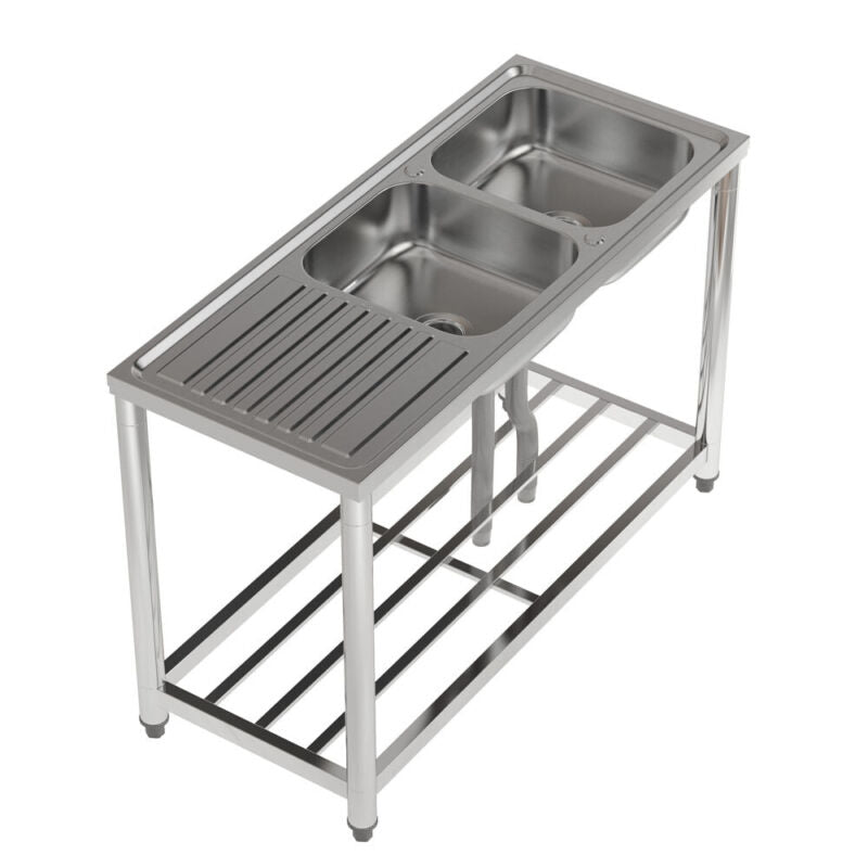 120cm Stainless Steel Commercial Kitchen Double Bowl Sink W/Shelf& Left Platform