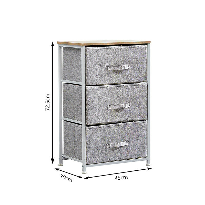 Fabric 3 Chest Of Drawer Grey Side Table Storage Cabinet Unit Organiser Bedroom