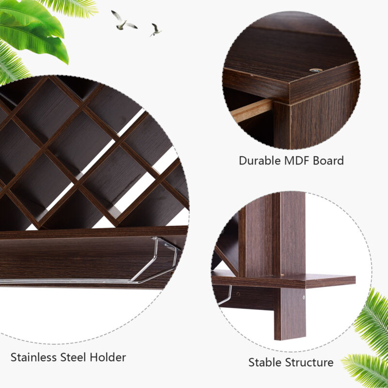 Wall-Mounted Wine Rack Wooden Wine Bottle Holder for 10 Bottles 6 Wine Glasses