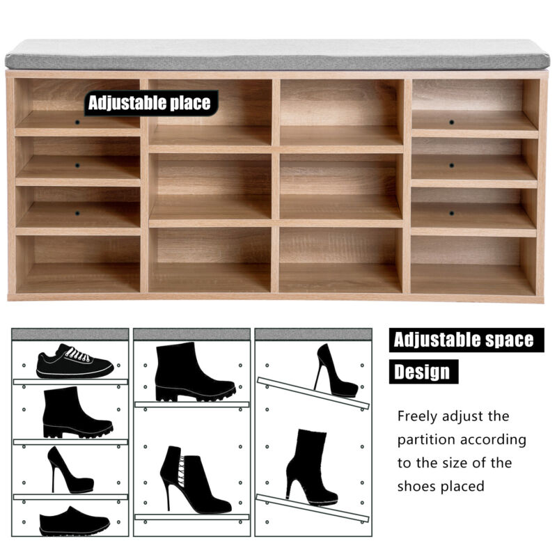 Multi-Storage Shoe Rack w/ 14 Compartments Cushion Moving Shelves for Home Oak