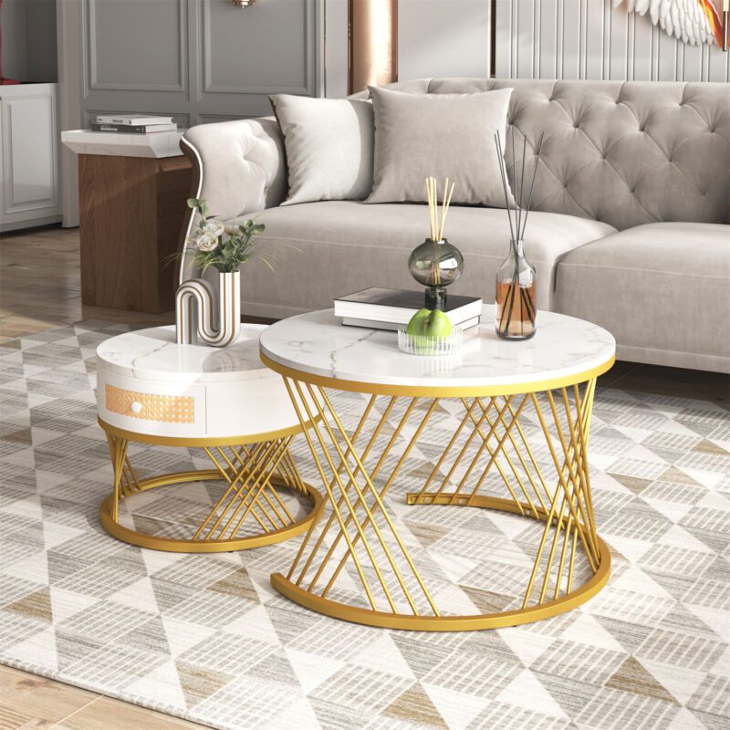 Set of 2 Nesting Coffee Table Living Room Marble Effects Side End Table MA