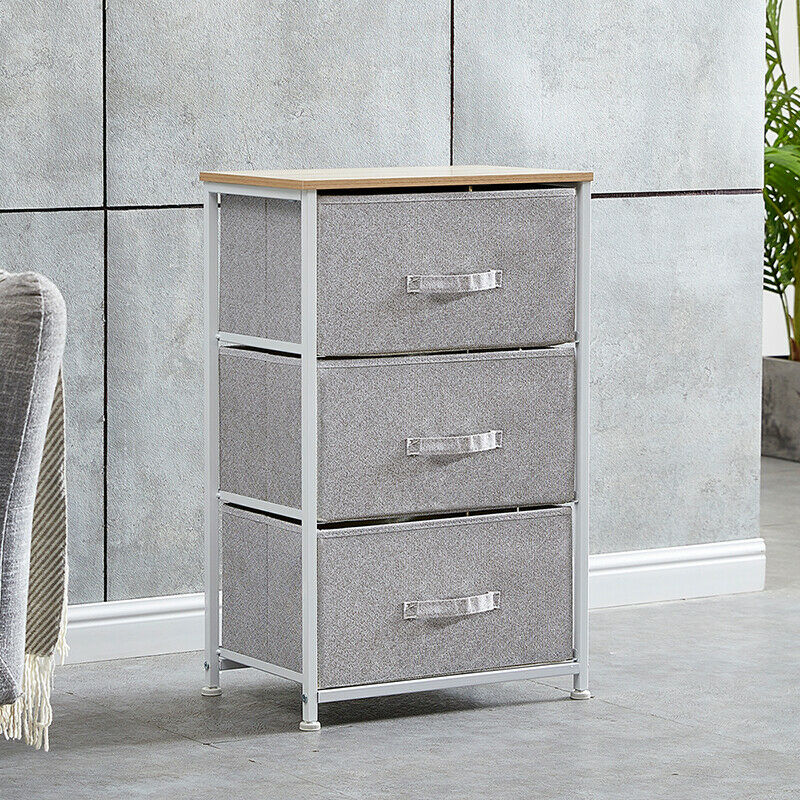 Fabric 3 Chest Of Drawer Grey Side Table Storage Cabinet Unit Organiser Bedroom