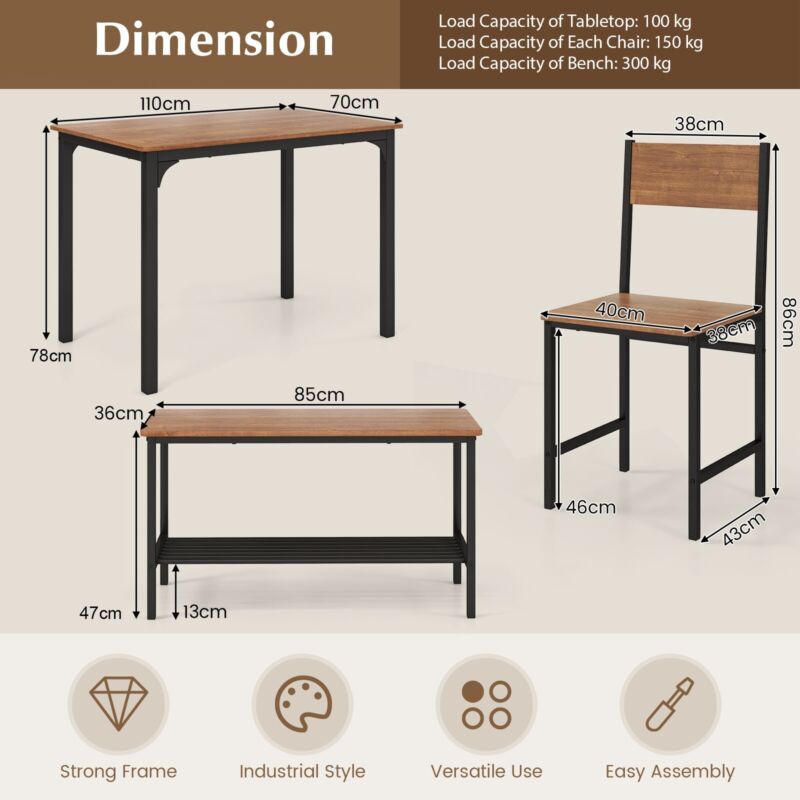 4 PCS Wooden Dining Table Set Industrial Kitchen Dining Table w/2 Chairs & Bench