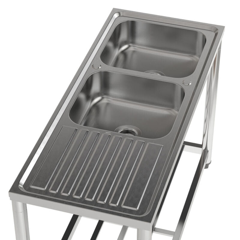 120cm Stainless Steel Commercial Kitchen Double Bowl Sink W/Shelf& Left Platform