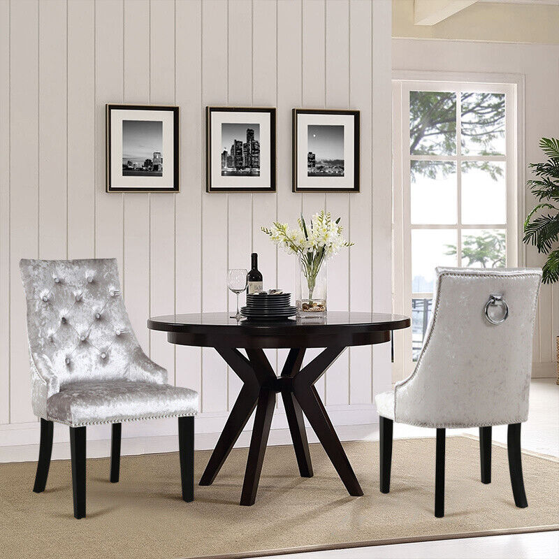 2-Piece Crush Velvet Dining Chairs with Pull Door Knocker Wing Back Button Chair