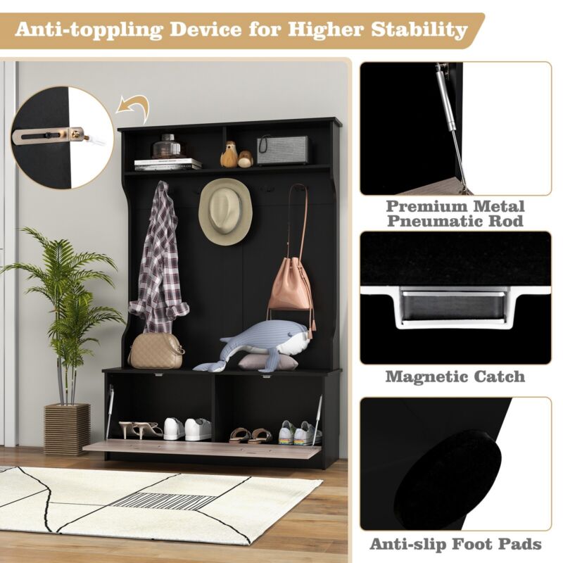 3 in 1 Coat Stand Shoe Bench Hall Tree Hallway Storage Bench Coat Rack w/5 Hooks