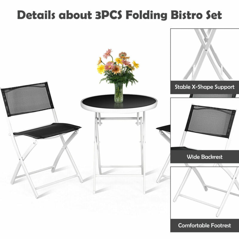 3pcs Patio Bistro Set Folding Table and Chair Set In/Outdoor Furniture W/ Table