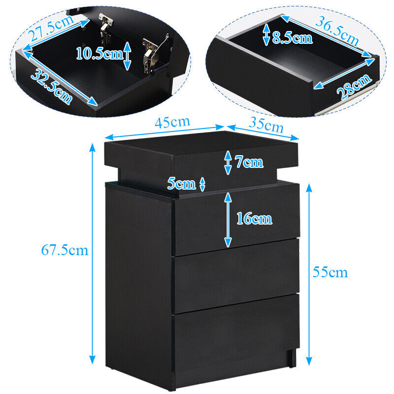 2/3 Drawers High Gloss Front Bedside Table Cabinet LED Nightstand Black/White