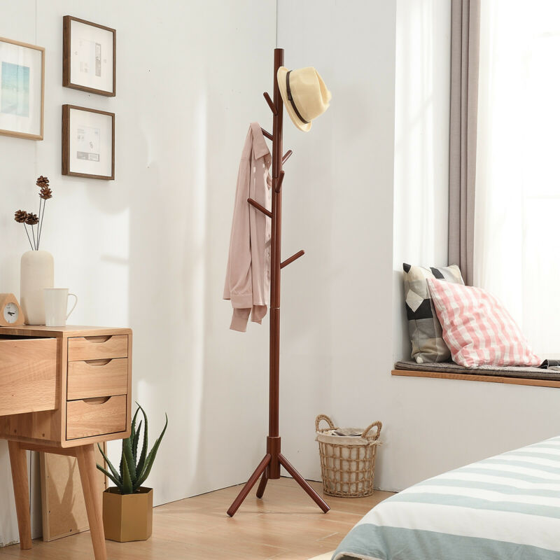 Beech Wooden Standing Coat Rack 8 Hooks Wood Tree Stand Coat Hat Handbag Rack