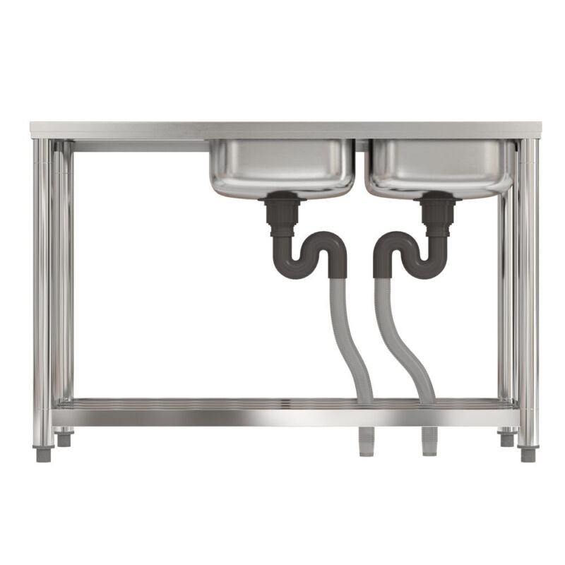 120cm Stainless Steel Commercial Kitchen Double Bowl Sink W/Shelf& Left Platform