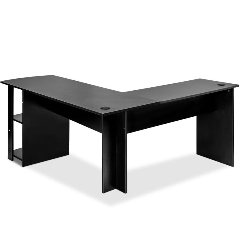 Corner Computer Table Laptop Home Study Wrokstation Desk Storage Shelves Black