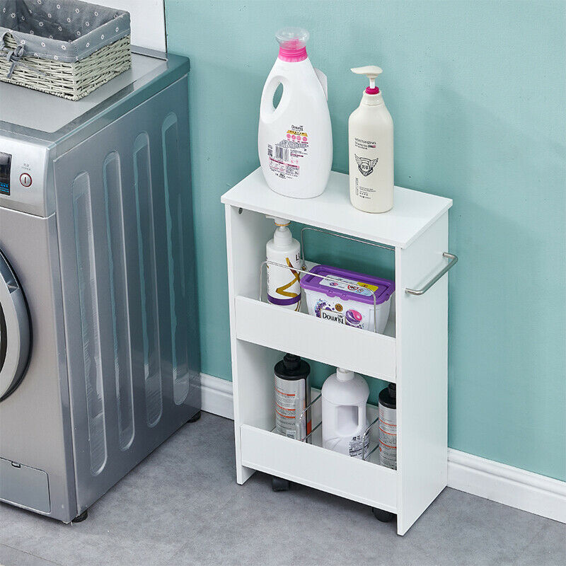 Bathroom Toilet Slim Floor Cabinet Narrow Storage Trolley Cart Rack Holder White