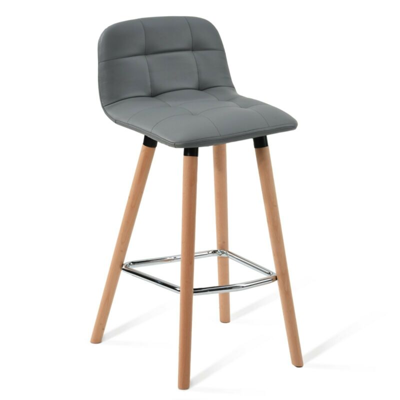 2 Pcs PU Leather Bar Stools Breakfast Stool Kitchen Pub Chairs Seat Grey
