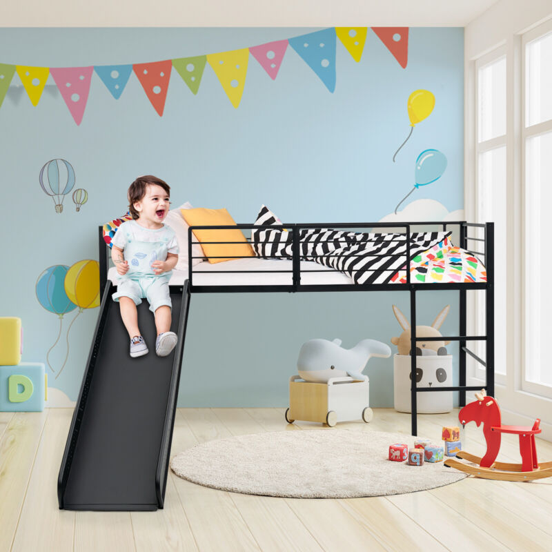 Sliding Loft Children Single Bed Mid Sleeper Steel Bed Frame W/Safety Guardrails