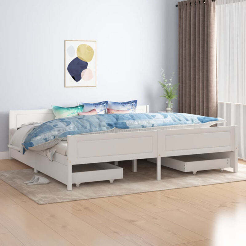 Bed Frame with 4 Drawers White Solid Wood Pine 200x200 F3M2