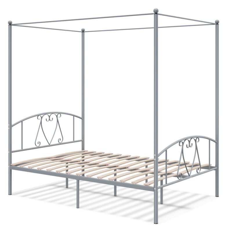 Double Size Metal Canopy Bed Frame Modern 4 Poster Platform Bed with Headboard