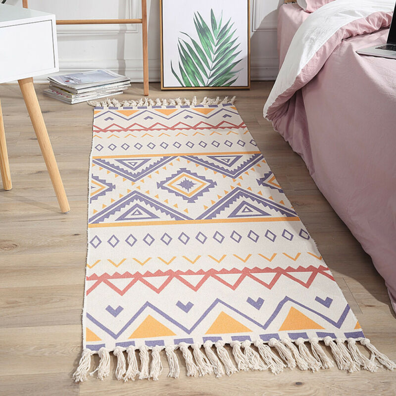 130cm Cotton Area Rug w/ Tassel Hand Woven Kitchen Mat Runner Boho Style Carpet