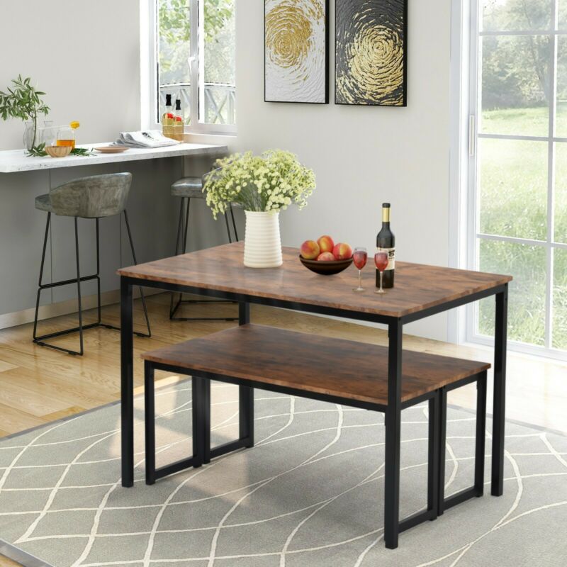 Dining Table 2 Bench Set Dinner Set Kitchen Dining Room Restaurant Rustic Brown