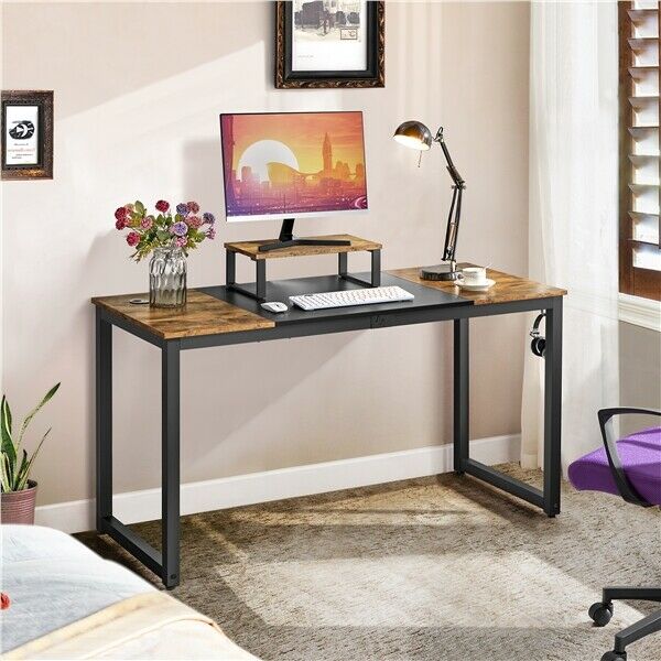 Wooden Computer Desk Study Desk Home Office Table with Movable Monitor Stand
