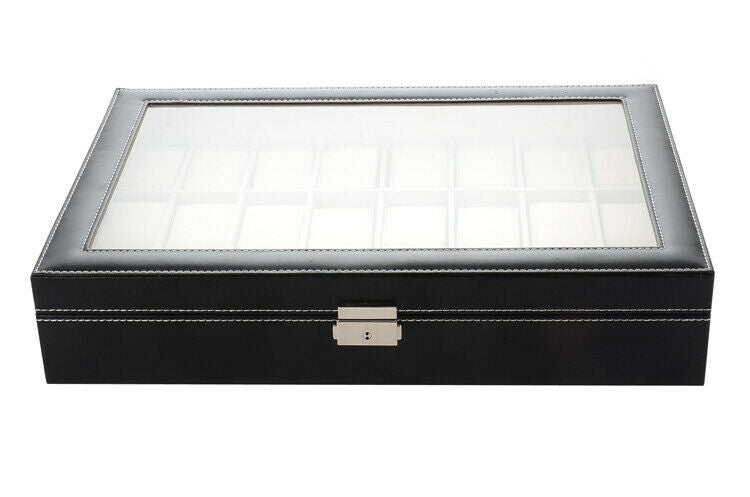 24 Grids Faux Leather Watch Case Display Box Storage Organizer Luxury Black Home